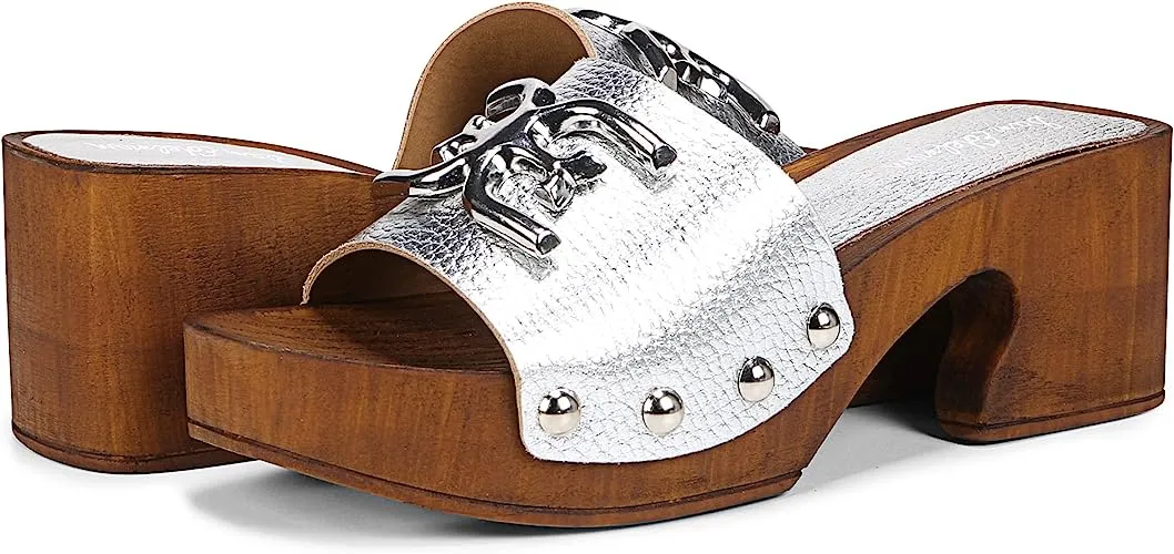 Sam Edelman Francina Silver Platform Slip On Slide Block Heel Mule Sandal