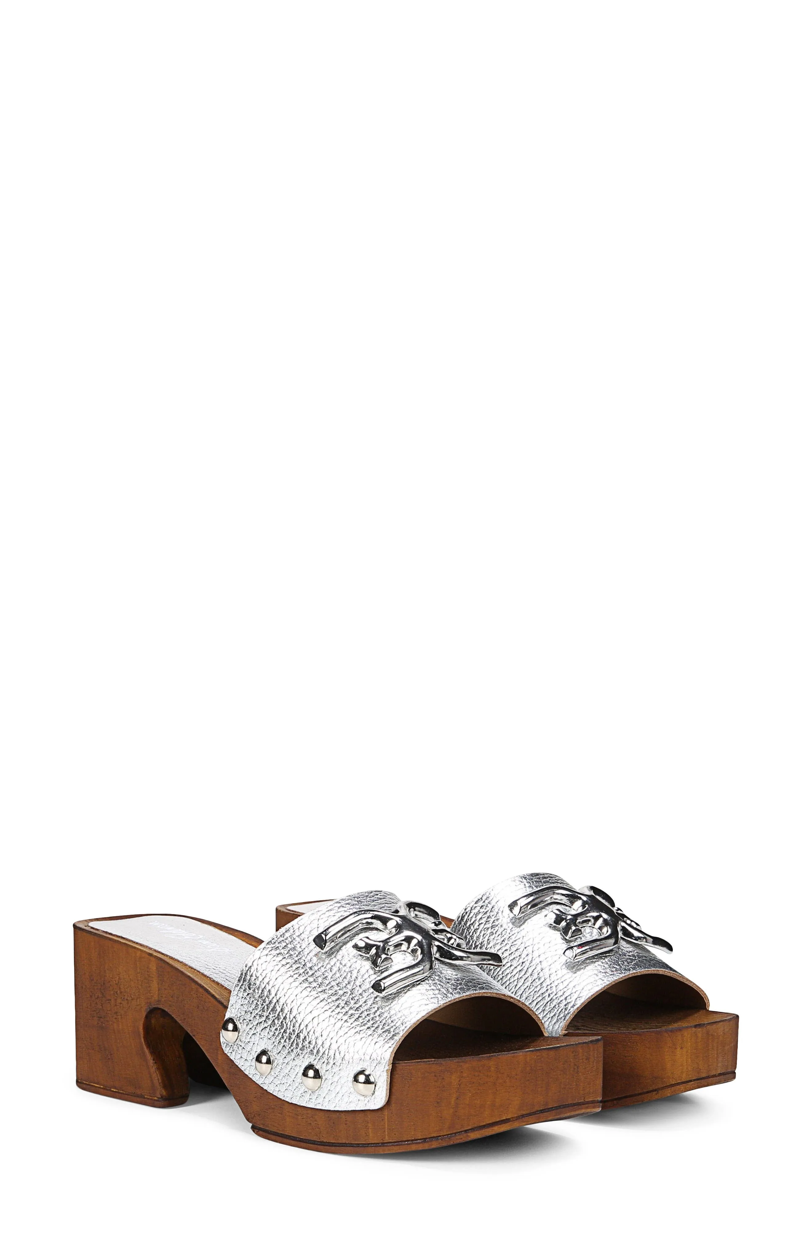 Sam Edelman Francina Silver Platform Slip On Slide Block Heel Mule Sandal