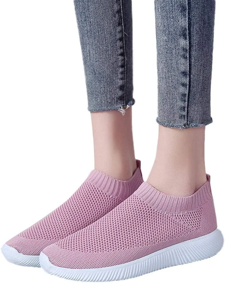 Slip On Orthopedic Sneakers Women Breathable Mesh Knitted Woven L𝐨w Top Walking Shoes Wide Width Soft Sole Arch Support Non-Slip Shoes