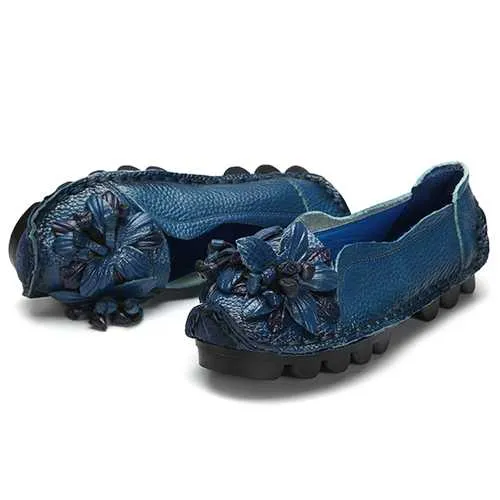 SOCOFY Genuine Leather Handmade Flower Loafers