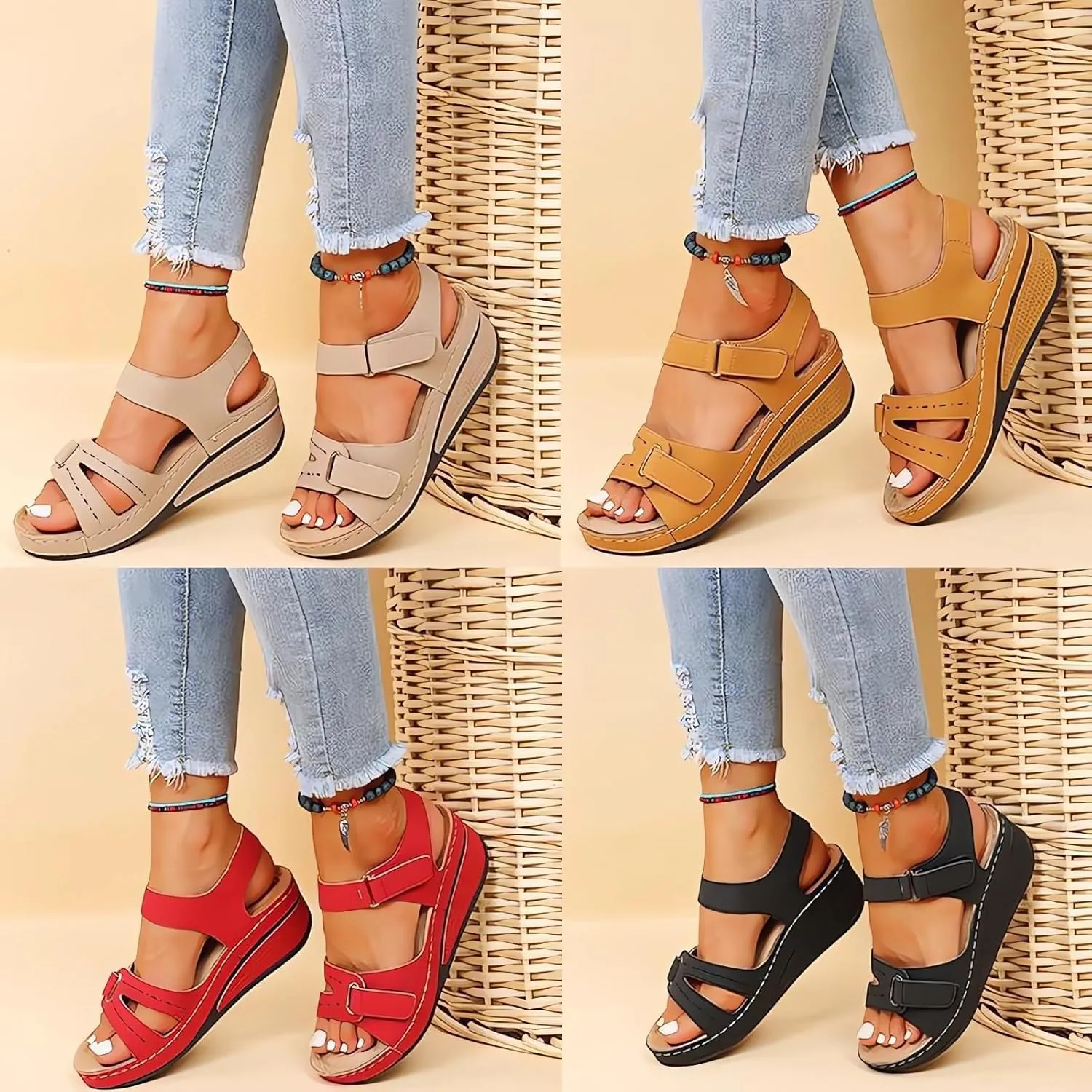 Soft & Stylish Wedge Sandals, Leather Orthopedic Walking Platform Sandals, Women Summer Sandals with Arch Support(Red,36)