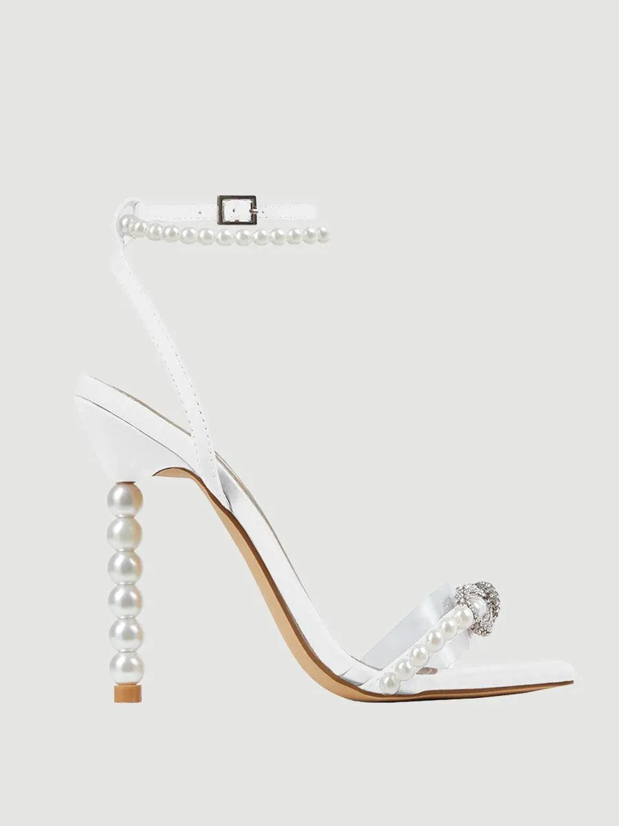 Square Head Rhinestone Bow Pearl High Heels MHE1080