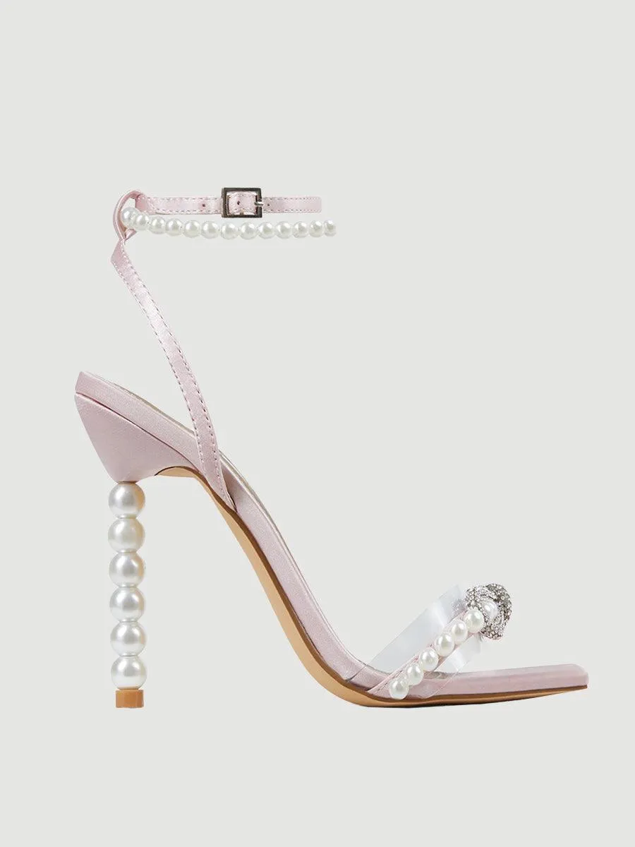 Square Head Rhinestone Bow Pearl High Heels MHE1080