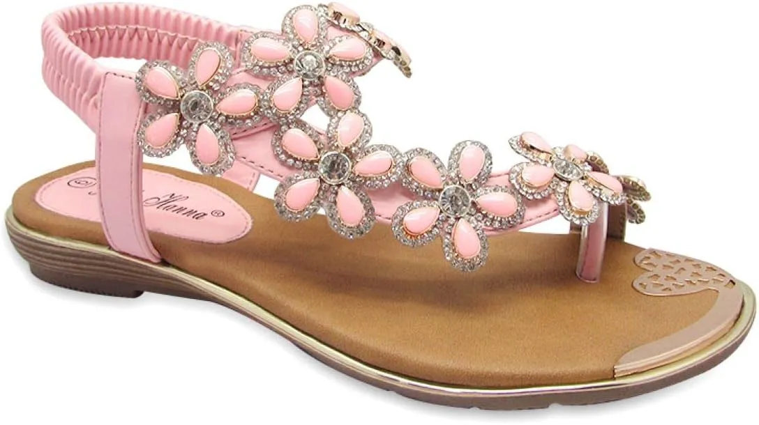Stylish & Comfort Shoes Womens Rhinestone Flower T-Strap Rubber Band Sling Back Summer Slip On Flat Sandals