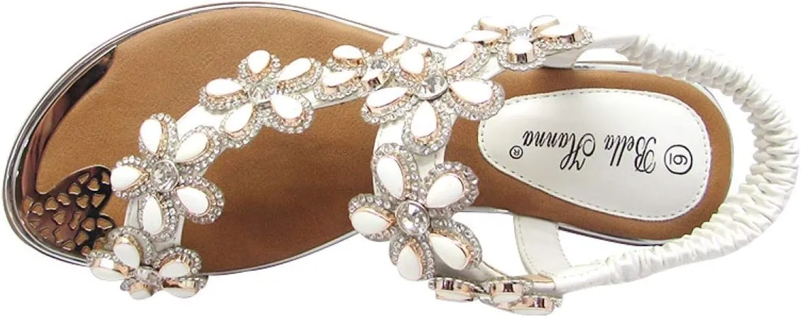 Stylish & Comfort Shoes Womens Rhinestone Flower T-Strap Rubber Band Sling Back Summer Slip On Flat Sandals