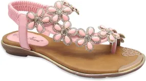 Stylish & Comfort Shoes Womens Rhinestone Flower T-Strap Rubber Band Sling Back Summer Slip On Flat Sandals