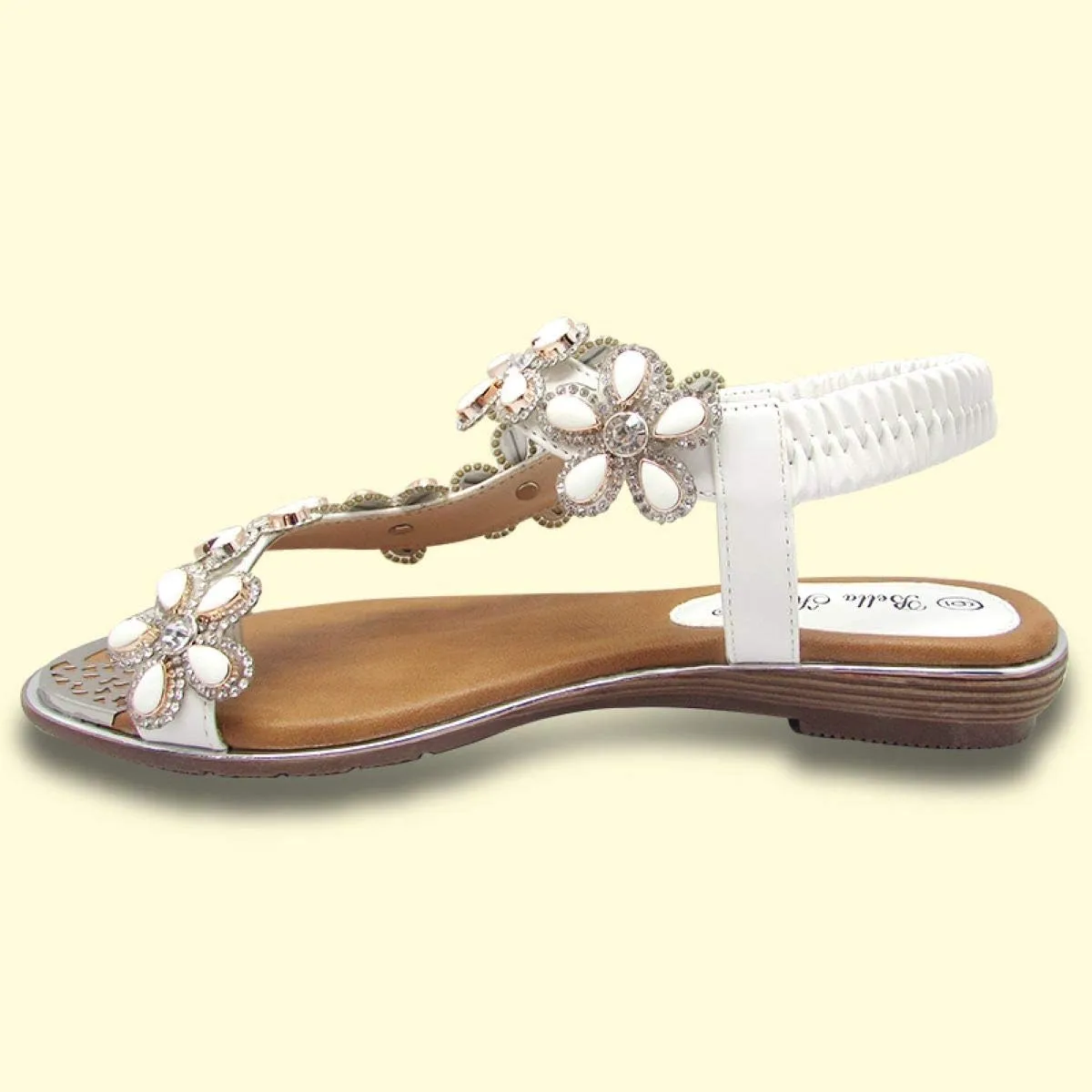 Stylish & Comfort Shoes Womens Rhinestone Flower T-Strap Rubber Band Sling Back Summer Slip On Flat Sandals