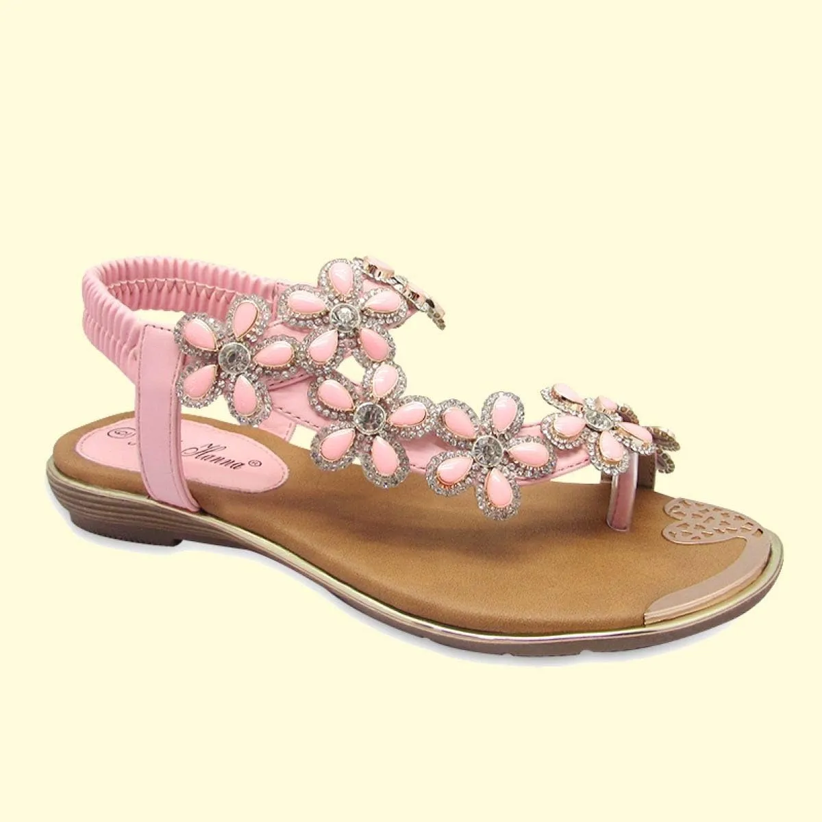 Stylish & Comfort Shoes Womens Rhinestone Flower T-Strap Rubber Band Sling Back Summer Slip On Flat Sandals