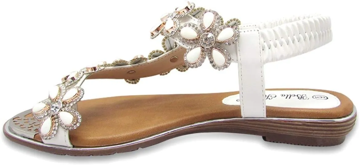Stylish & Comfort Shoes Womens Rhinestone Flower T-Strap Rubber Band Sling Back Summer Slip On Flat Sandals