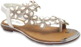 Stylish & Comfort Shoes Womens Rhinestone Flower T-Strap Rubber Band Sling Back Summer Slip On Flat Sandals