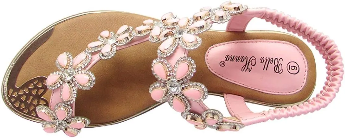 Stylish & Comfort Shoes Womens Rhinestone Flower T-Strap Rubber Band Sling Back Summer Slip On Flat Sandals