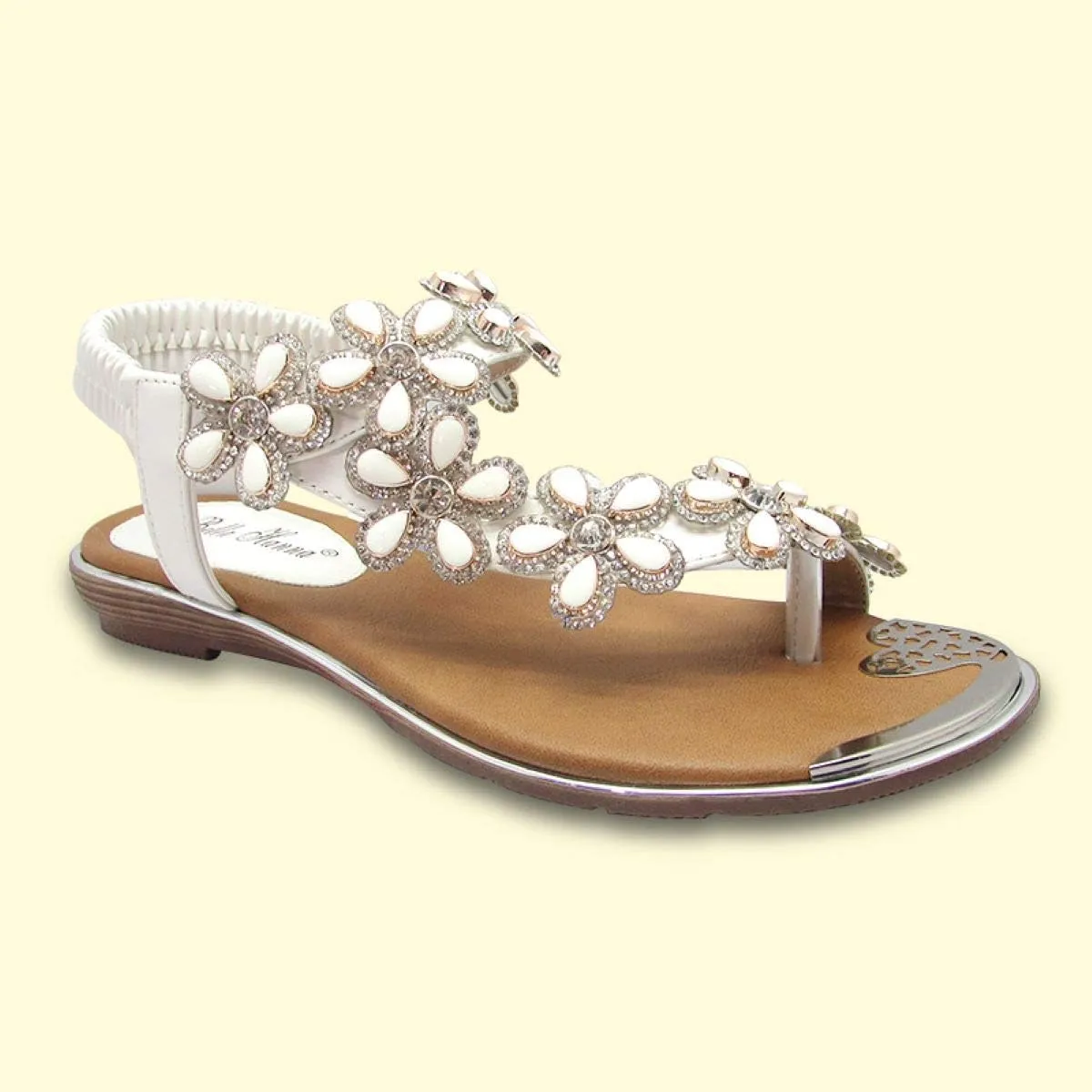 Stylish & Comfort Shoes Womens Rhinestone Flower T-Strap Rubber Band Sling Back Summer Slip On Flat Sandals