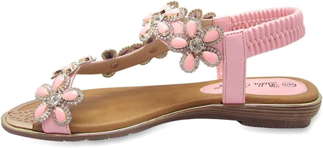 Stylish & Comfort Shoes Womens Rhinestone Flower T-Strap Rubber Band Sling Back Summer Slip On Flat Sandals