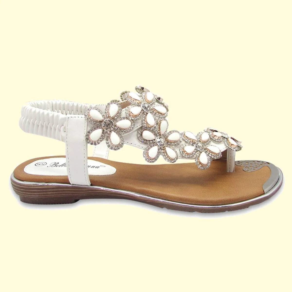 Stylish & Comfort Shoes Womens Rhinestone Flower T-Strap Rubber Band Sling Back Summer Slip On Flat Sandals
