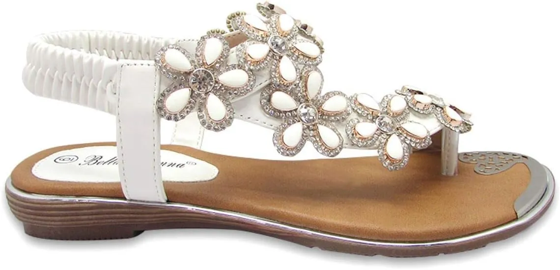 Stylish & Comfort Shoes Womens Rhinestone Flower T-Strap Rubber Band Sling Back Summer Slip On Flat Sandals
