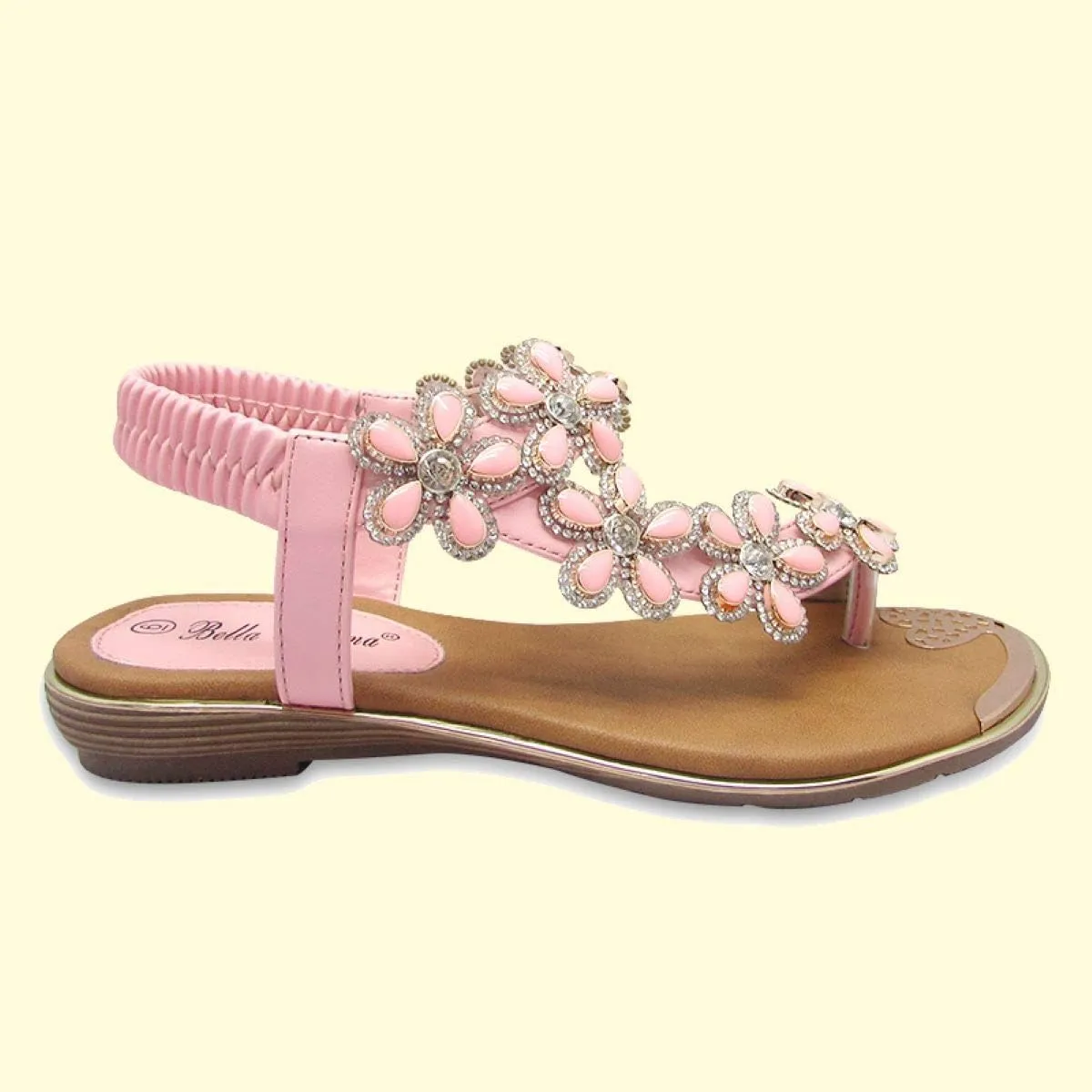 Stylish & Comfort Shoes Womens Rhinestone Flower T-Strap Rubber Band Sling Back Summer Slip On Flat Sandals
