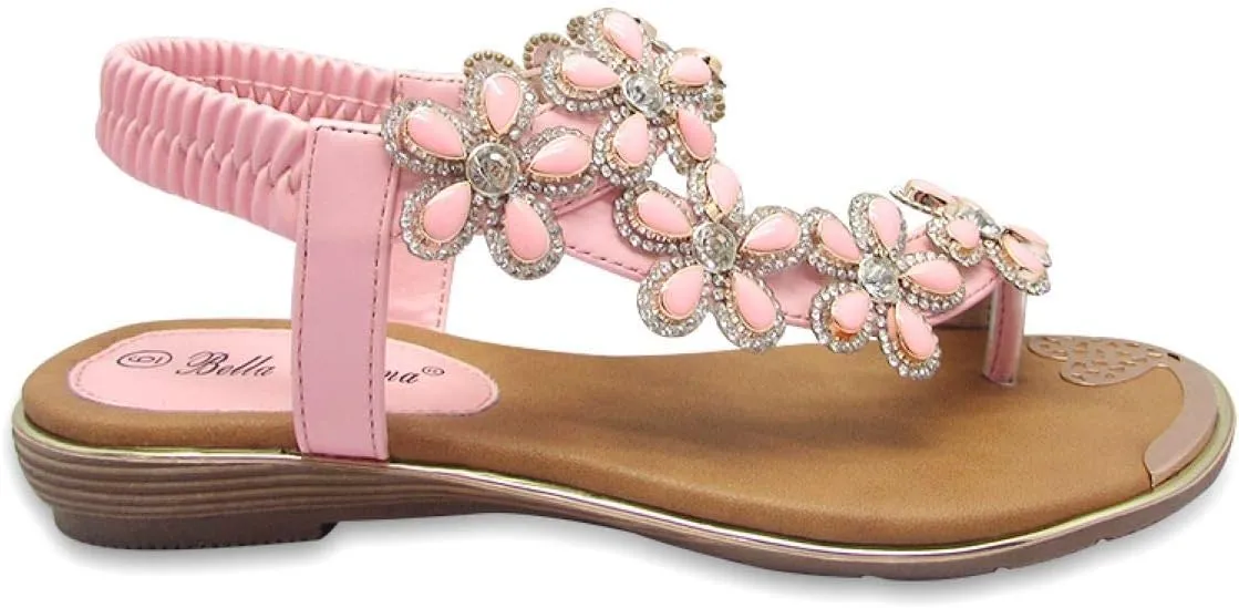 Stylish & Comfort Shoes Womens Rhinestone Flower T-Strap Rubber Band Sling Back Summer Slip On Flat Sandals
