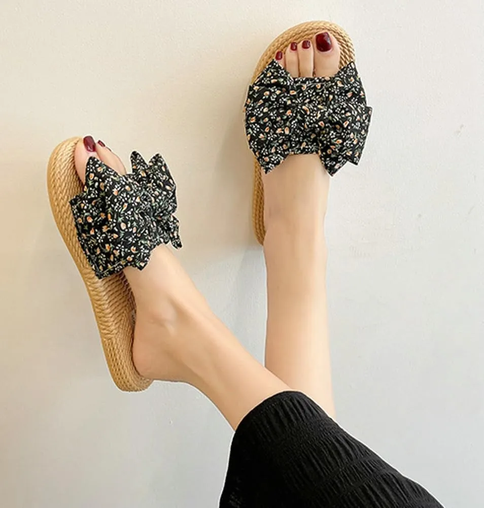 Stylish Sandals for Women Cute Floral Pattern Bowknot Summer Beach Shoes Open Toe Anti-slip Indoor Outdoor Slippers