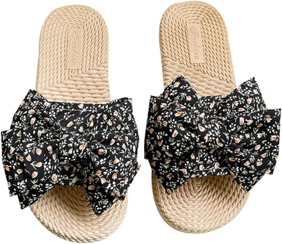 Stylish Sandals for Women Cute Floral Pattern Bowknot Summer Beach Shoes Open Toe Anti-slip Indoor Outdoor Slippers