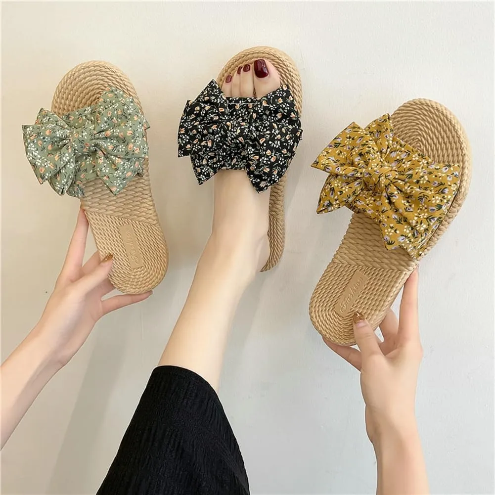 Stylish Sandals for Women Cute Floral Pattern Bowknot Summer Beach Shoes Open Toe Anti-slip Indoor Outdoor Slippers