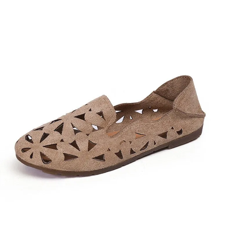 Summer Women Shoes Flat Soft Loafers Female Ballet Flats Sweet Cut Out Suede Girls Slip On Casual Breathable Ladies Footwear