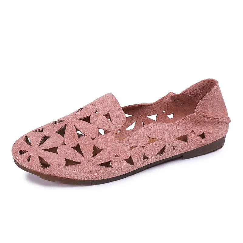Summer Women Shoes Flat Soft Loafers Female Ballet Flats Sweet Cut Out Suede Girls Slip On Casual Breathable Ladies Footwear