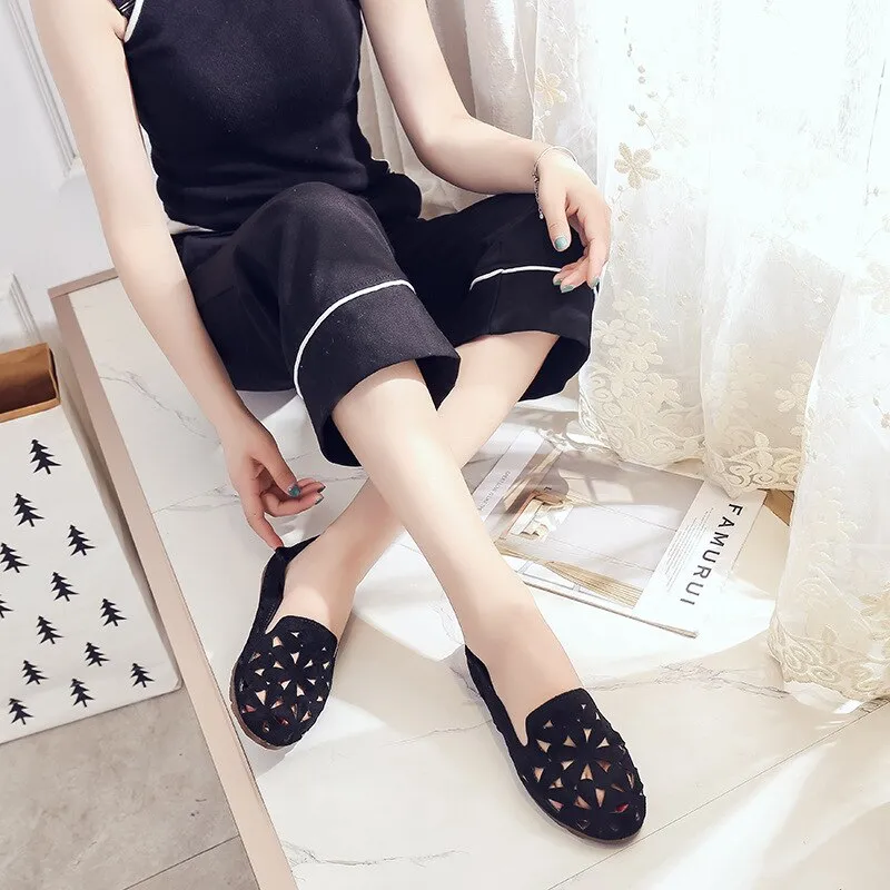 Summer Women Shoes Flat Soft Loafers Female Ballet Flats Sweet Cut Out Suede Girls Slip On Casual Breathable Ladies Footwear