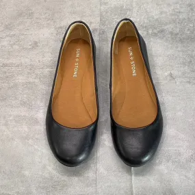 SUN   STONE Women's Black Smooth Eliana Memory Foam Round-Toe Slip-On Flats SZ 7