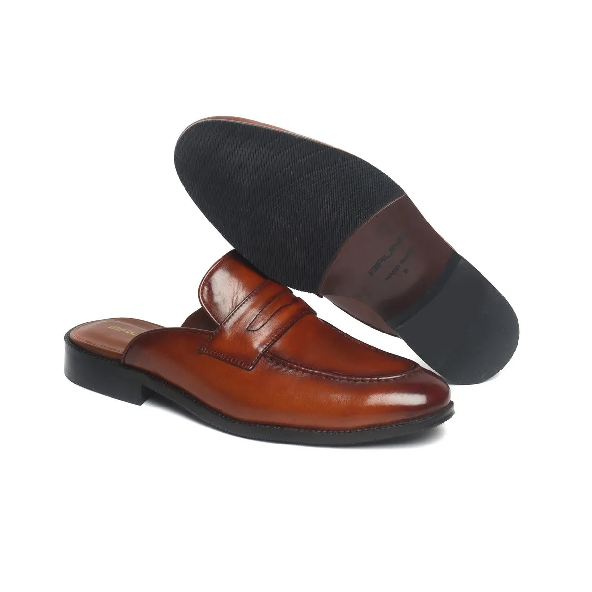Tan Comfy Round Toe Leather Formal Mules by Brune & Bareskin