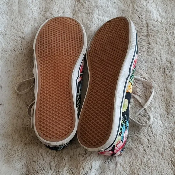 Vans Sneakers Shoes Hawaiian Tropical Black Floral Print Women Size 7.5 Lace Up