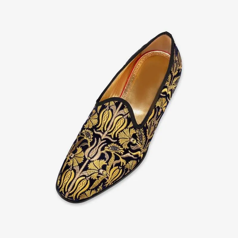 Velvet Slip-ons Men Gold Embroidered Loafers