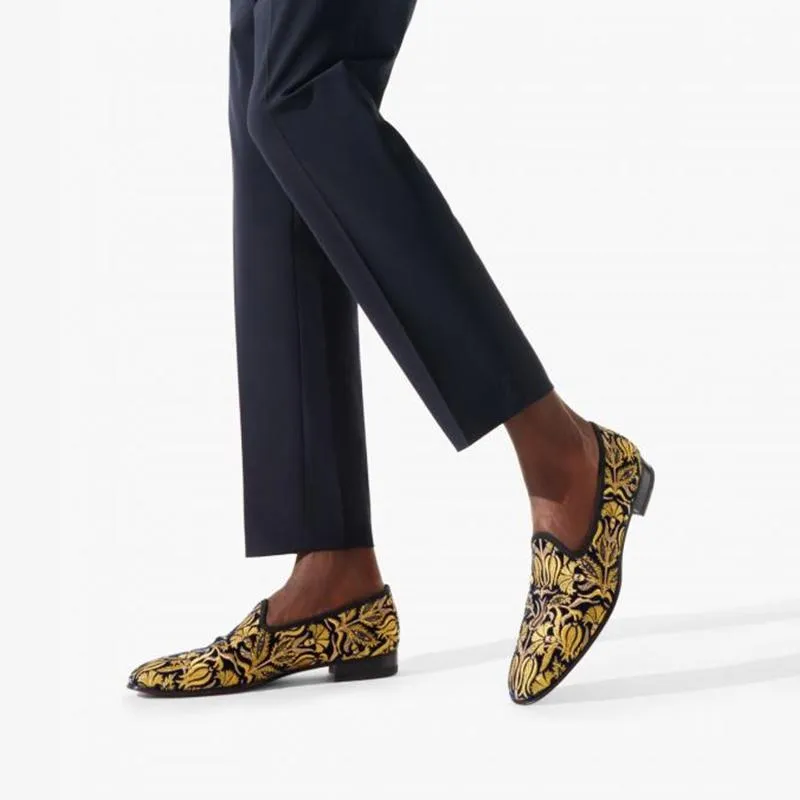 Velvet Slip-ons Men Gold Embroidered Loafers