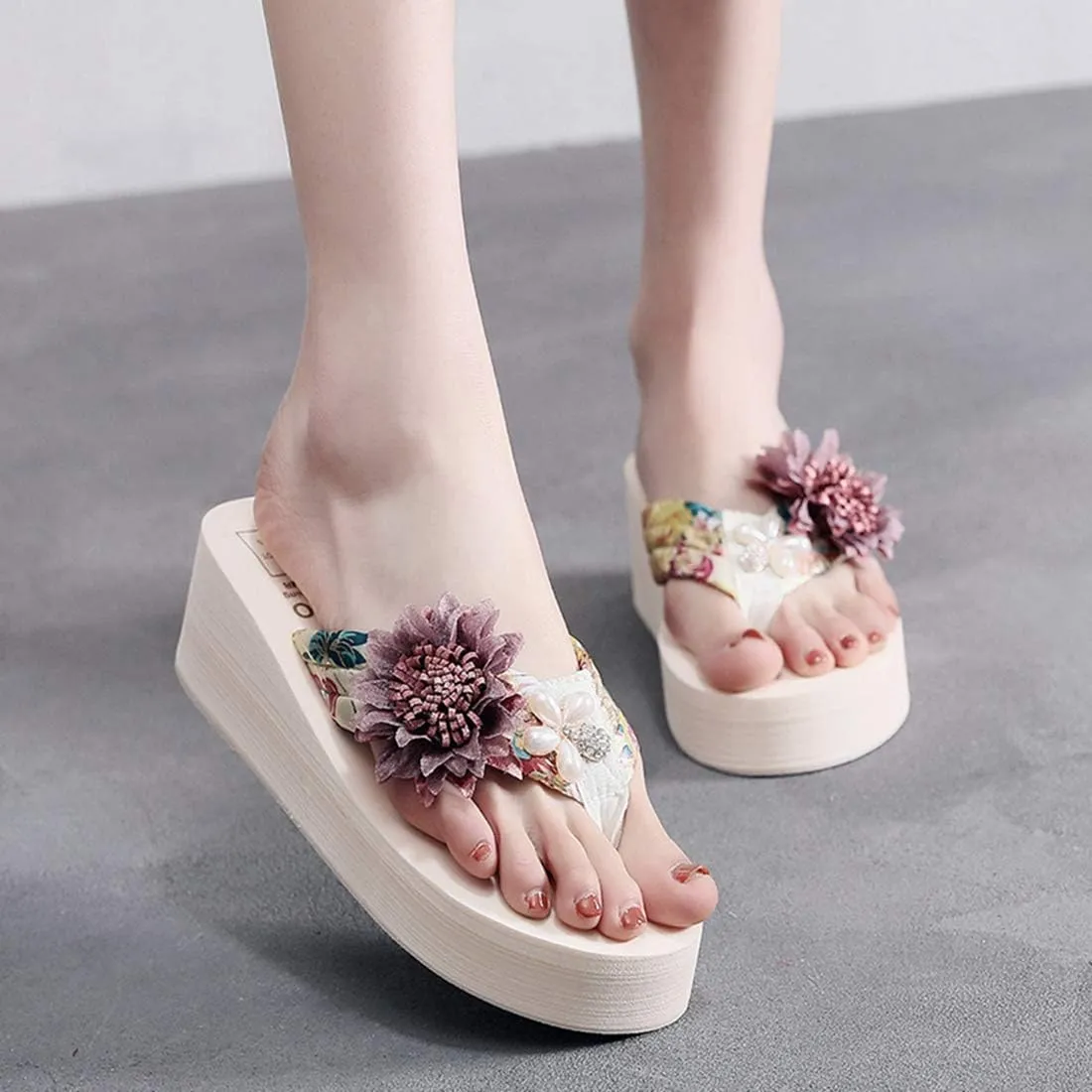 VOKLIN Women's Bohemian Flower Wedge Flipflop Sandals Summer Platform Nonslip High Heel Beach Thong Sandal