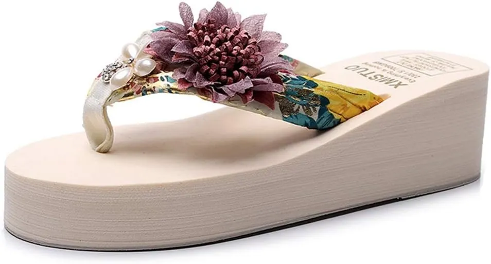 VOKLIN Women's Bohemian Flower Wedge Flipflop Sandals Summer Platform Nonslip High Heel Beach Thong Sandal