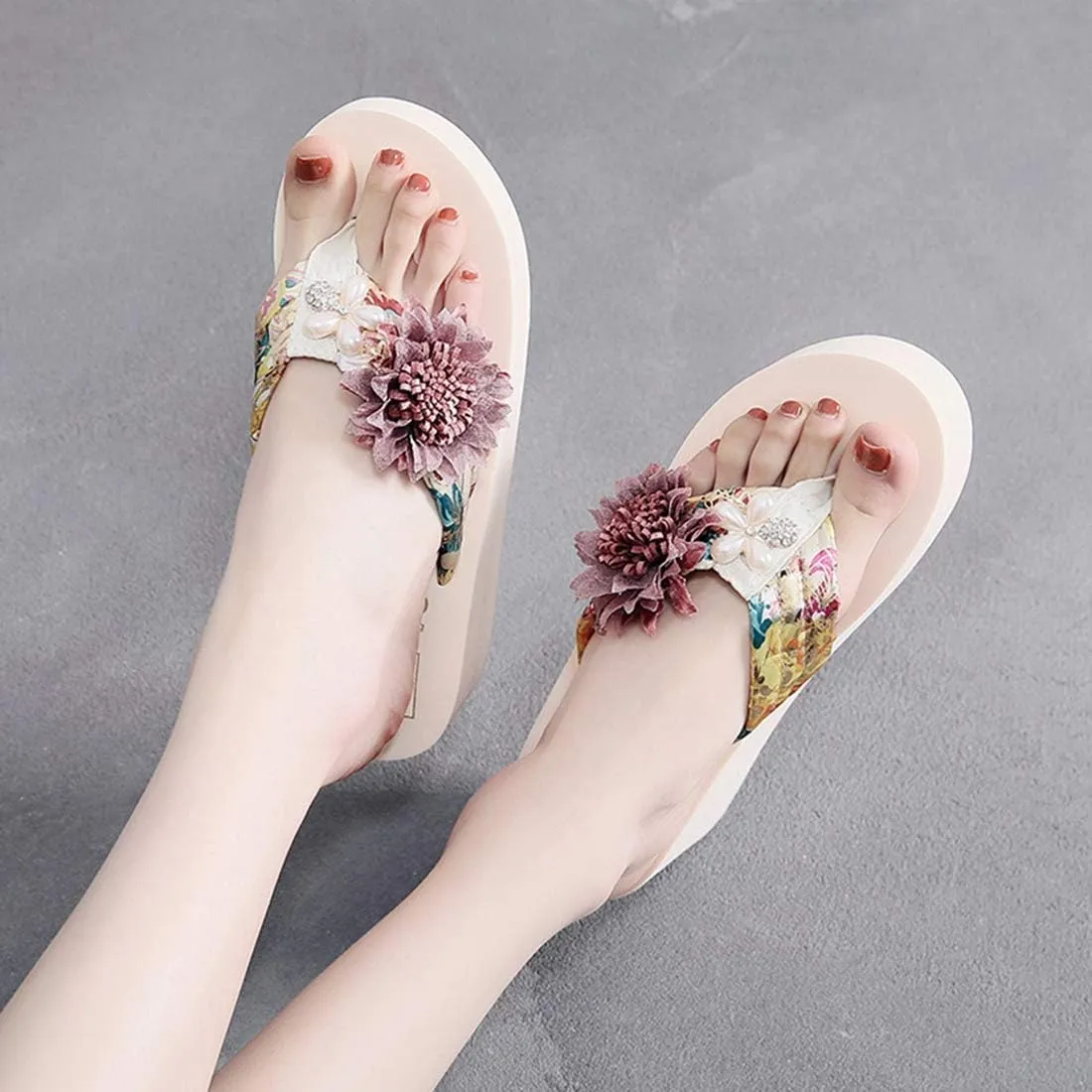 VOKLIN Women's Bohemian Flower Wedge Flipflop Sandals Summer Platform Nonslip High Heel Beach Thong Sandal