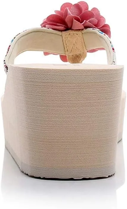 VOKLIN Women's Bohemian Flowers Wedge High Heel Flipflop Sandals Summer Platform Nonslip Beach Thong Sandal