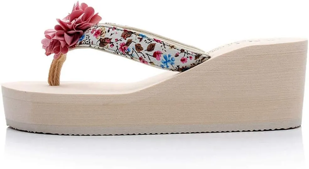 VOKLIN Women's Bohemian Flowers Wedge High Heel Flipflop Sandals Summer Platform Nonslip Beach Thong Sandal