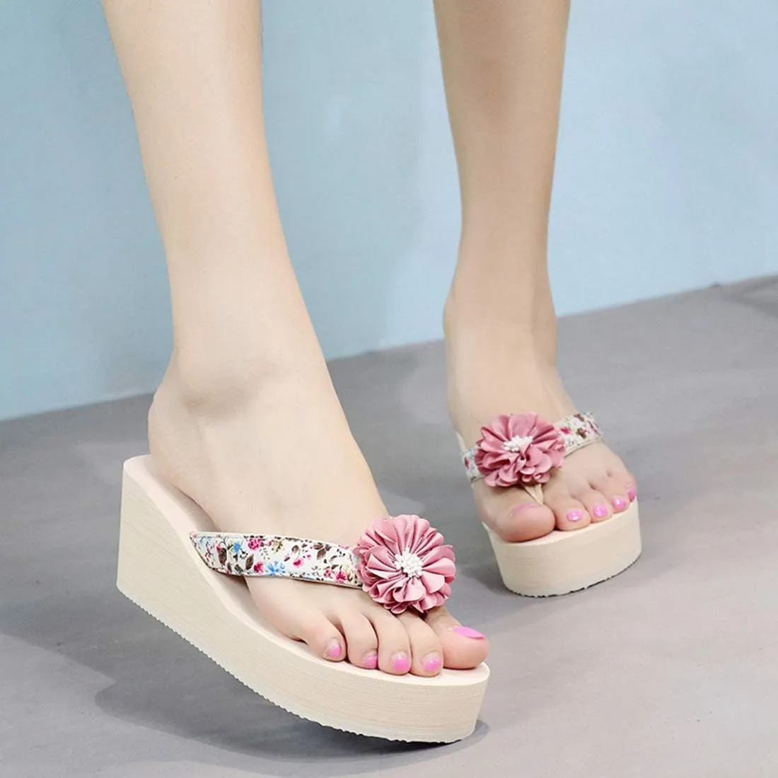 VOKLIN Women's Bohemian Flowers Wedge High Heel Flipflop Sandals Summer Platform Nonslip Beach Thong Sandal