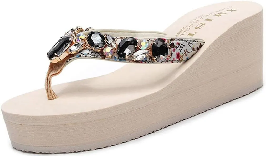 VOKLIN Women's Sparkly Rhinestone Wedge High Heel Flipflops Summer Platform Anti-Slip Beach Thong Sandals