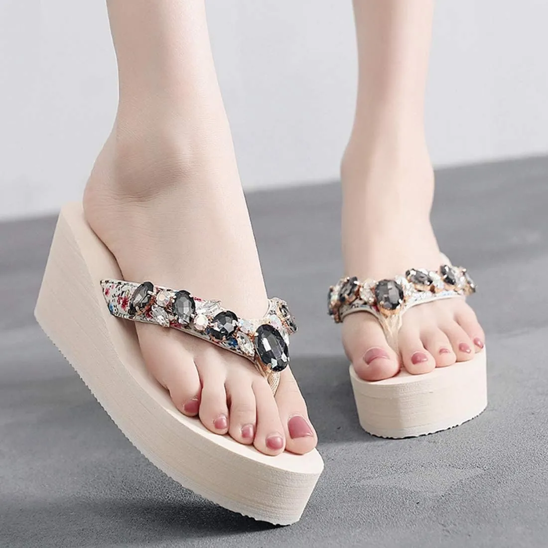VOKLIN Women's Sparkly Rhinestone Wedge High Heel Flipflops Summer Platform Anti-Slip Beach Thong Sandals