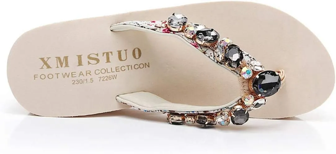 VOKLIN Women's Sparkly Rhinestone Wedge High Heel Flipflops Summer Platform Anti-Slip Beach Thong Sandals
