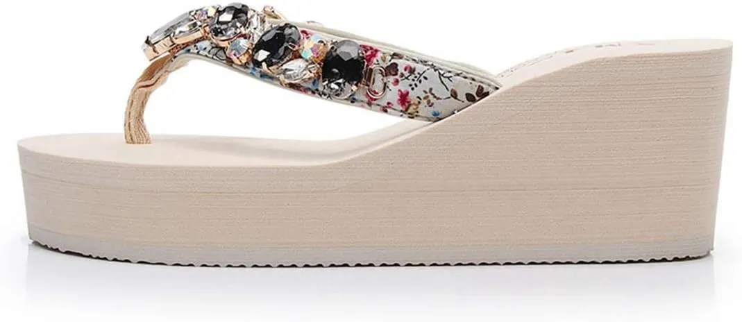VOKLIN Women's Sparkly Rhinestone Wedge High Heel Flipflops Summer Platform Anti-Slip Beach Thong Sandals