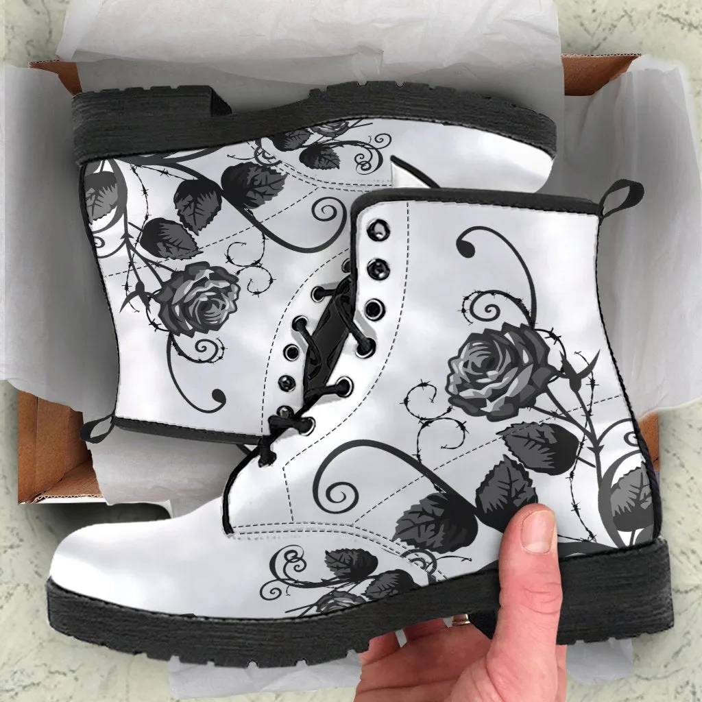 White Combat Boots - Black Roses | Boho Shoes, Handmade Lace Up Boots, Vegan Leather Lace Up Boots Women, White Boots Women