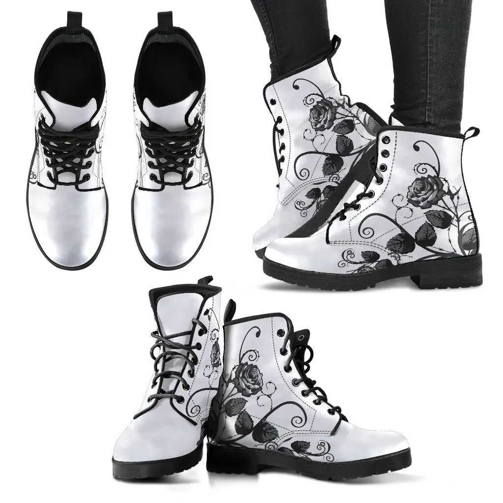 White Combat Boots - Black Roses | Boho Shoes, Handmade Lace Up Boots, Vegan Leather Lace Up Boots Women, White Boots Women