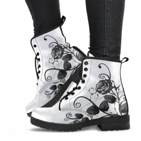 White Combat Boots - Black Roses | Boho Shoes, Handmade Lace Up Boots, Vegan Leather Lace Up Boots Women, White Boots Women