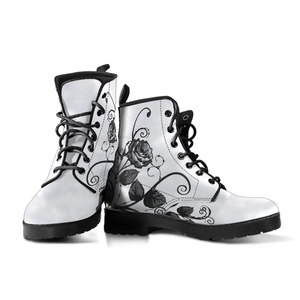White Combat Boots - Black Roses | Boho Shoes, Handmade Lace Up Boots, Vegan Leather Lace Up Boots Women, White Boots Women