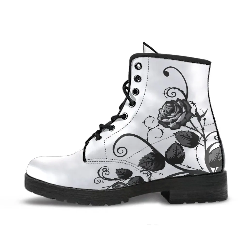 White Combat Boots - Black Roses | Boho Shoes, Handmade Lace Up Boots, Vegan Leather Lace Up Boots Women, White Boots Women