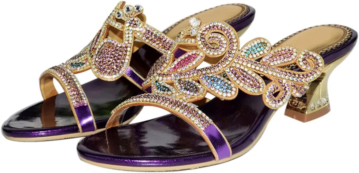 Women's Chunky Heel Glitter Rhinestone Sandals Jeweled Sandals Summer Stylish Sandals Womens Mules Sandals