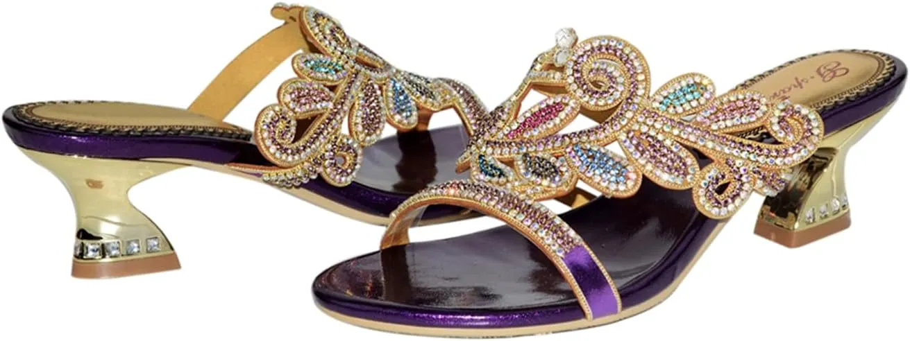 Women's Chunky Heel Glitter Rhinestone Sandals Jeweled Sandals Summer Stylish Sandals Womens Mules Sandals