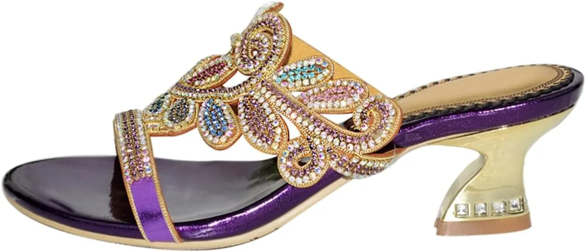 Women's Chunky Heel Glitter Rhinestone Sandals Jeweled Sandals Summer Stylish Sandals Womens Mules Sandals